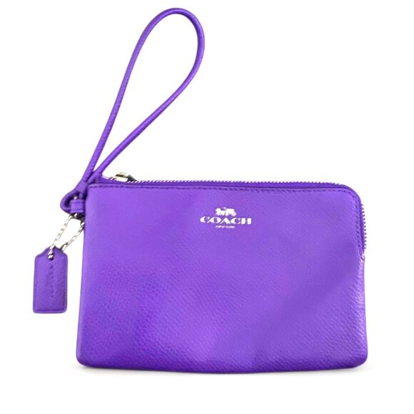 COACH corner zip wristlet in crossgrain PURPLE/SILVER leather WITH THE HANG-TAG - Picture 1 of 5